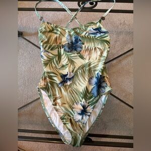 Tommy Bahama Green Floral One-Piece Swimsuit with Blue Hibiscus